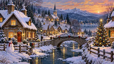 Holidays Frame TV art – Christmas Village at Blue Hour, folk painting