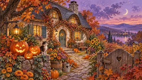 Gouache & folk art Frame TV art – Pumpkin Cottage, storybook gouache