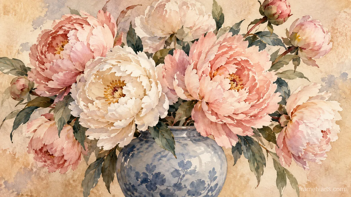 Peonies in Porcelain – watercolor Samsung Frame TV art, 4K