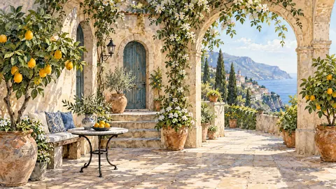 Architecture Frame TV art – Courtyard in Morning Light, architectural watercolor