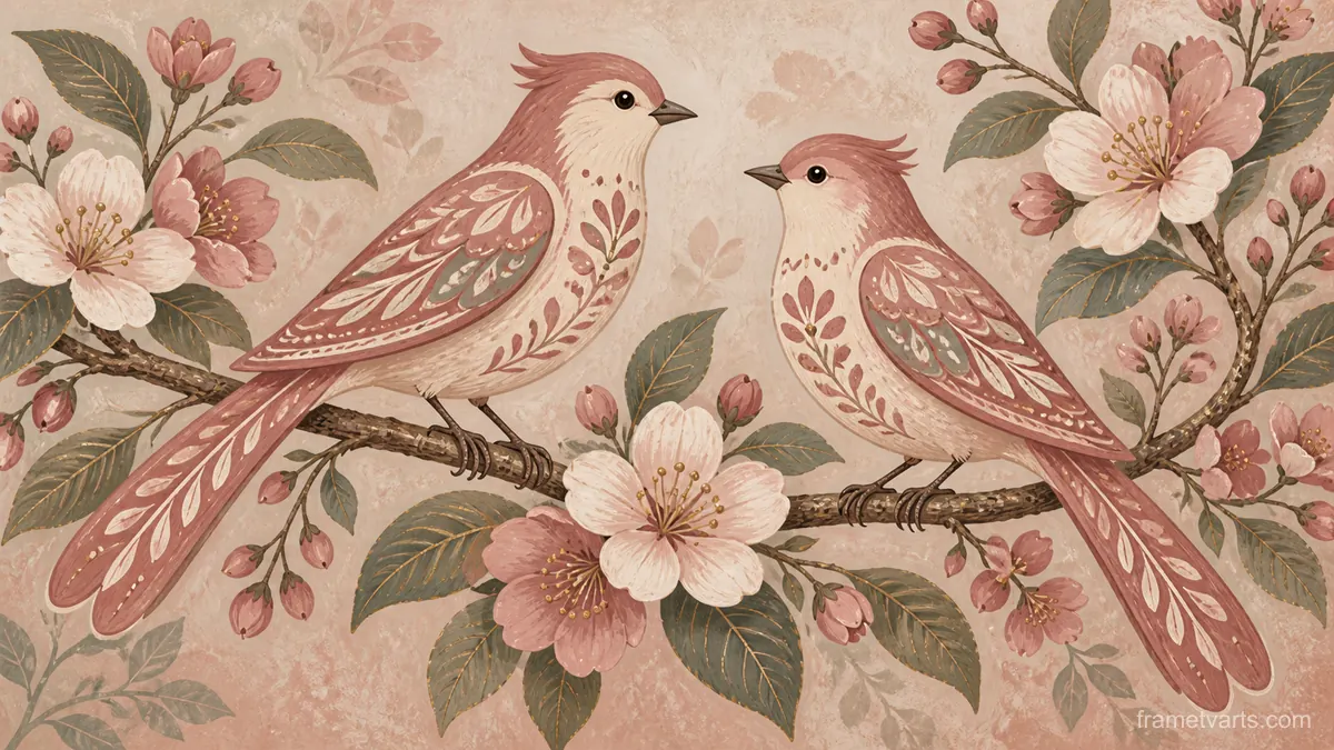 Lovebirds and Blossom – decorative folk illustration Samsung Frame TV art, 4K