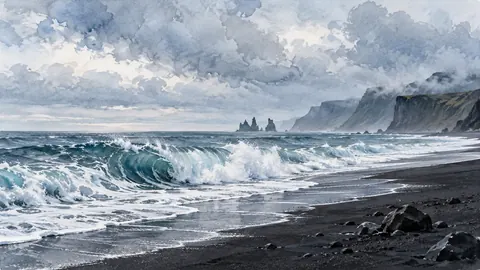 White surf curling onto black volcanic sand – coastal watercolor Frame TV art