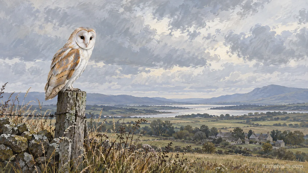 Barn owl on a weathered fence post – naturalist gouache Samsung Frame TV art, 4K