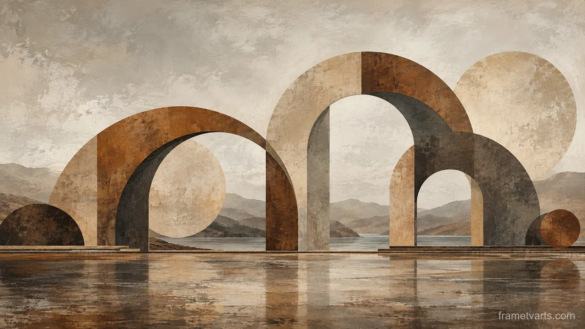 Interlocking offset arches and circles – earth-tone textured abstraction Samsung Frame TV art, 4K