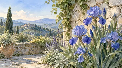 Blue irises beside a stone garden wall – botanical watercolor Frame TV art