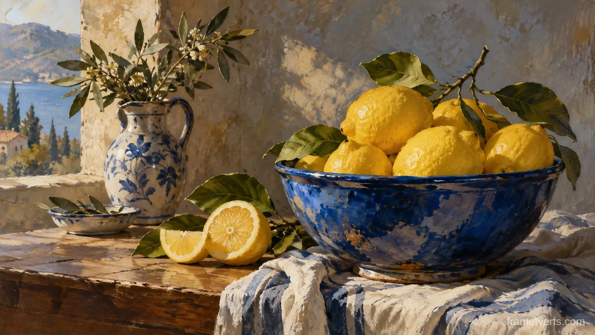 Lemons in a blue ceramic bowl – classical oil still life Samsung Frame TV art, 4K