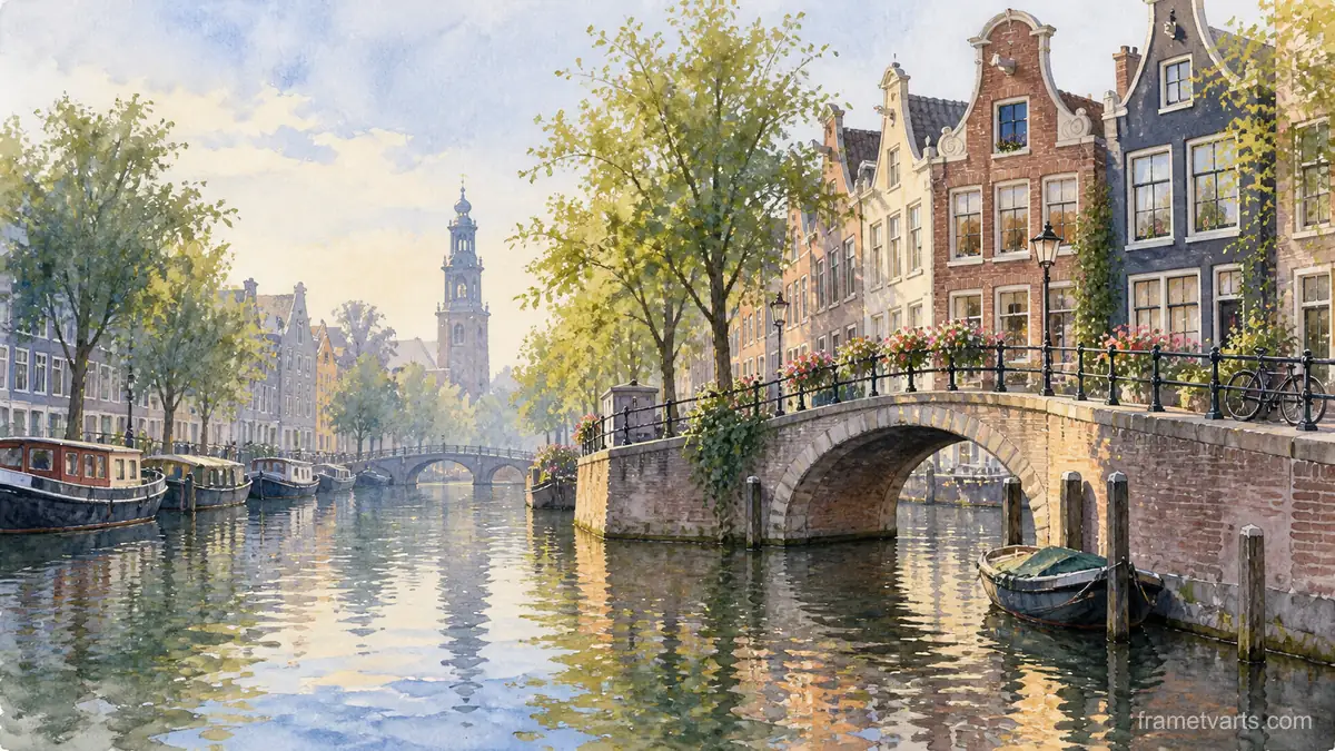 Canal houses beside a narrow stone bridge – architectural watercolor Samsung Frame TV art, 4K