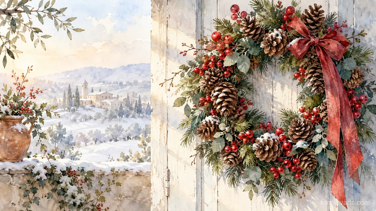 Christmas wreath of pine cones and winter berries – elegant watercolor Samsung Frame TV art, 4K