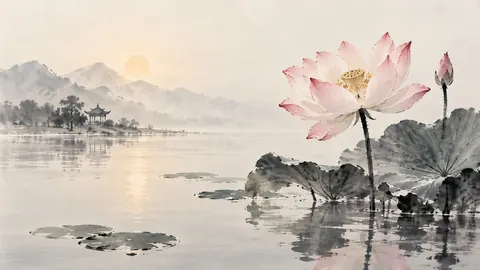 Lotus flower above still water – minimal ink and wash Frame TV art