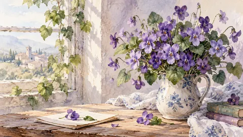 Birth-flower-inspired bouquet of violets – delicate watercolor keepsake composition Frame TV art
