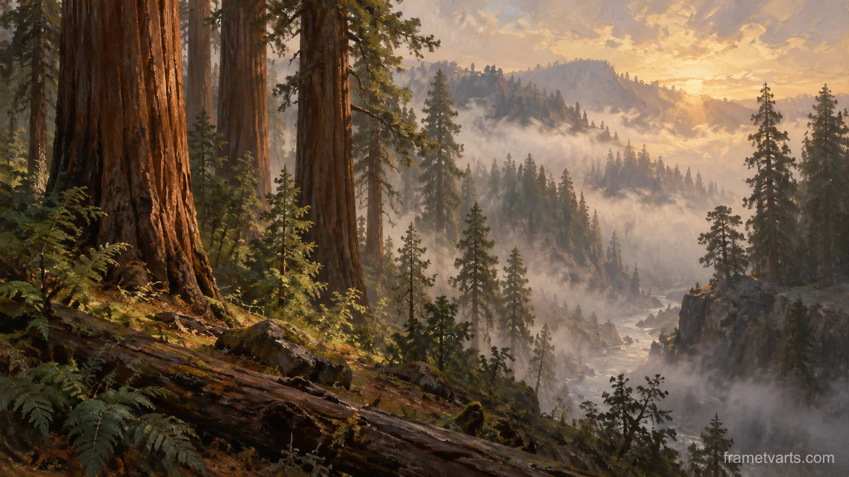 Fog rolling through redwood forest – tonal oil painting Samsung Frame TV art, 4K