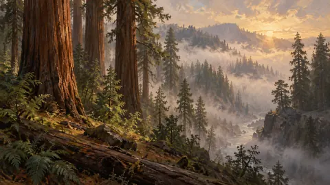 Fog rolling through redwood forest – tonal oil painting Frame TV art