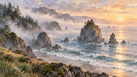 Sea stacks emerging through morning mist – coastal watercolor Frame TV art