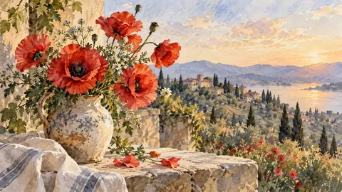 Scarlet poppies in a loose ceramic vase – botanical watercolor Frame TV art