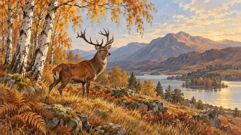 Free Red deer beneath autumn birches – naturalist gouache Frame TV art