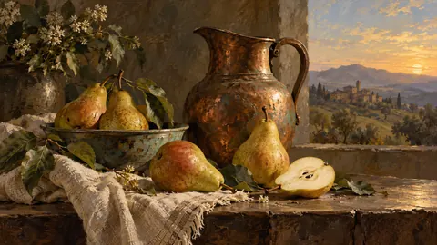 Pears beside a weathered copper jug – classical oil still life Frame TV art