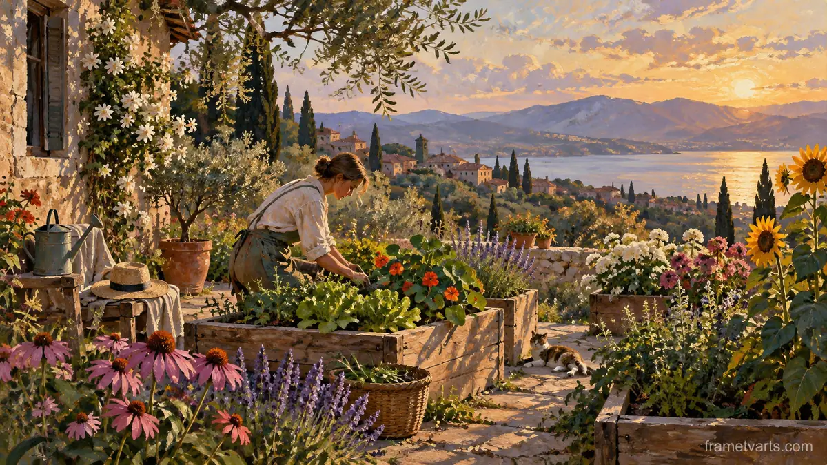 Gardener tending raised flower beds – expressive figurative painting Samsung Frame TV art, 4K