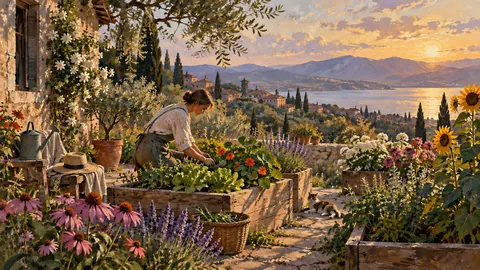 Gardener tending raised flower beds – expressive figurative painting Frame TV art