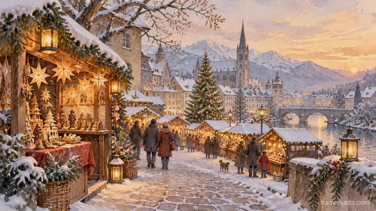 Snowy Christmas market without signs – elegant watercolor Samsung Frame TV art, 4K