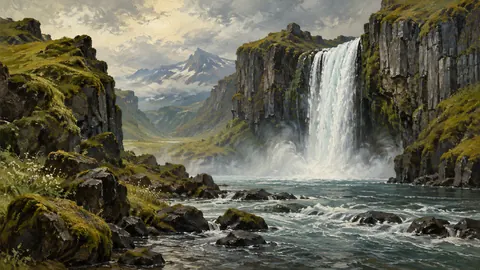 Waterfall between mossy basalt cliffs – tonal oil painting Frame TV art
