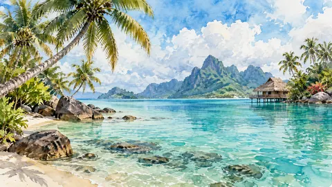 Tropical lagoon beneath leaning palms – coastal watercolor Frame TV art