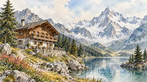 Alpine timber chalet beneath mountain peaks – architectural watercolor Frame TV art