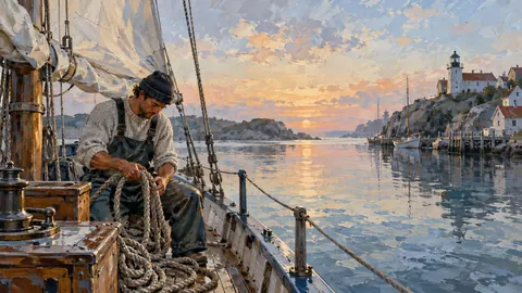 Sailor preparing ropes on a quiet boat – expressive figurative painting Frame TV art