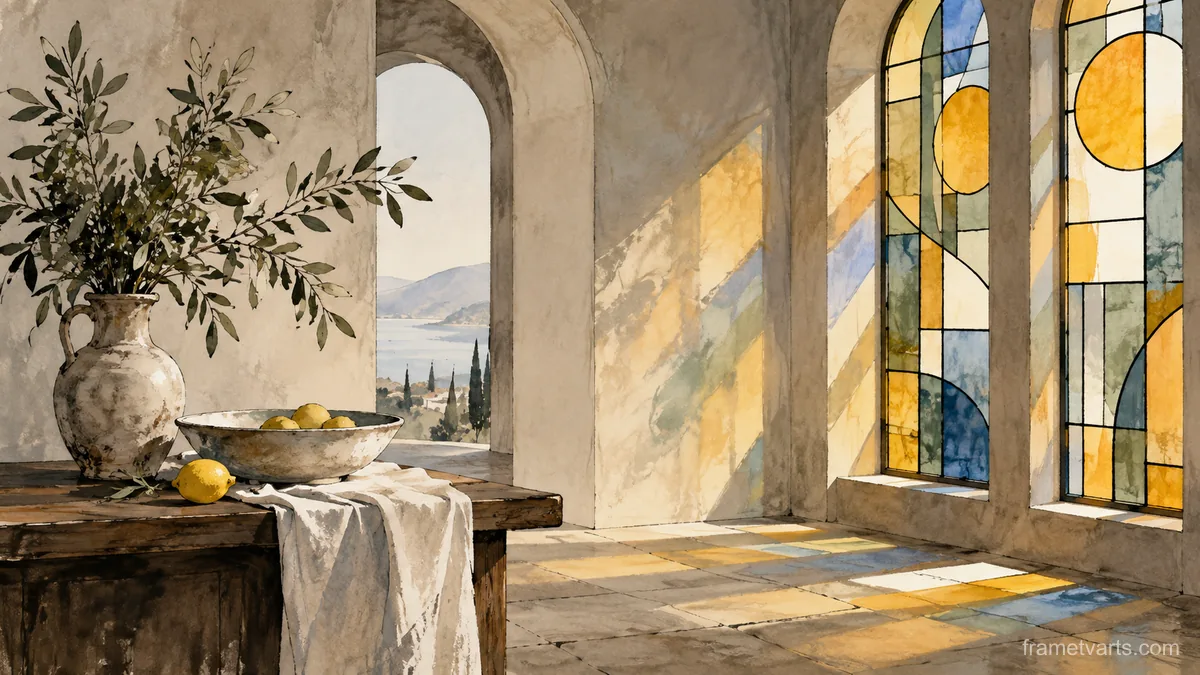 Sunlight through simple stained glass without figures – minimal ink and wash Samsung Frame TV art, 4K