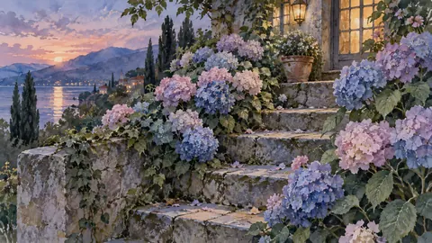 Hydrangeas spilling over weathered garden steps – botanical watercolor Frame TV art