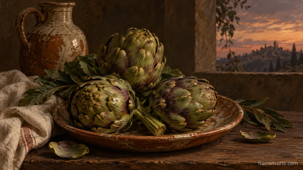 Artichokes and an earthenware plate – classical oil still life Samsung Frame TV art, 4K