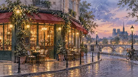Quiet Paris-inspired corner cafe without lettering – architectural watercolor Frame TV art