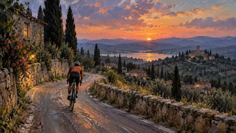 Cyclist on a winding country road – expressive figurative painting Frame TV art