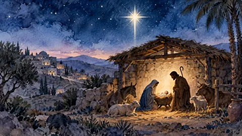 Nativity silhouette under a starry sky – elegant watercolor Frame TV art