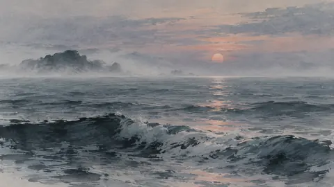 Open sea and distant horizon in soft mist – minimal ink and wash Frame TV art