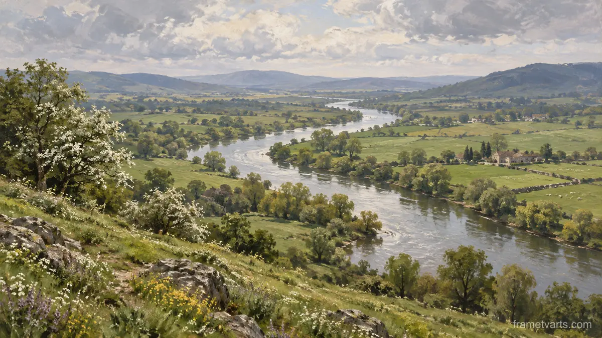 Meandering river through spring pasture – tonal oil painting Samsung Frame TV art, 4K