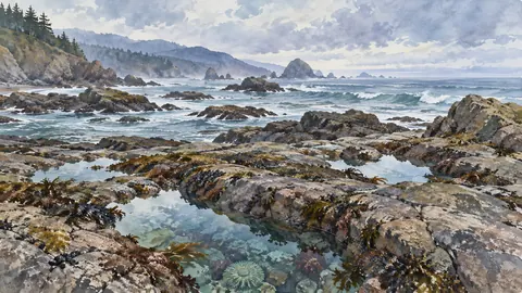 Tide pools scattered across rocky shore – coastal watercolor Frame TV art