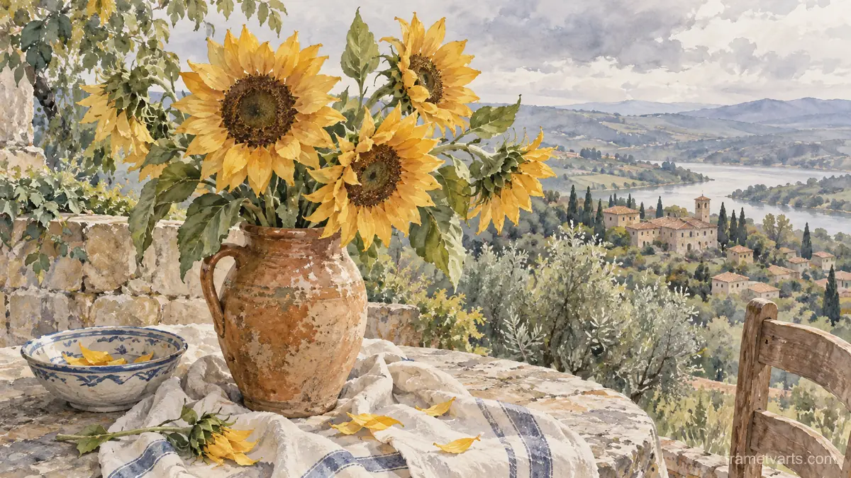 Golden sunflowers in an earthenware jug – botanical watercolor Samsung Frame TV art, 4K