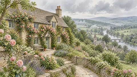 English cottage with a climbing rose garden – architectural watercolor Frame TV art