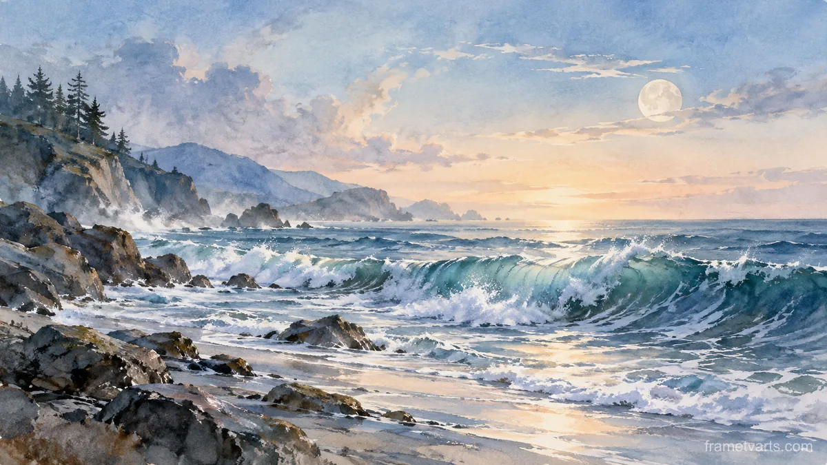 Ocean swell beneath a pale moon – coastal watercolor Samsung Frame TV art, 4K