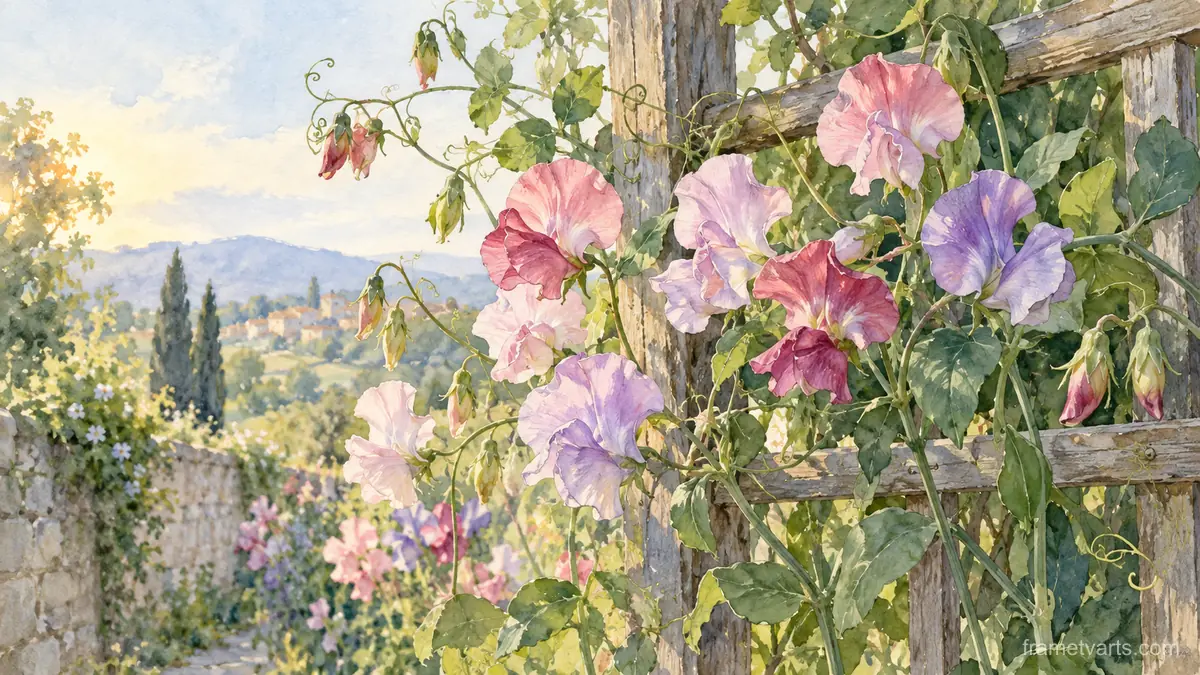 Delicate sweet peas climbing a trellis – botanical watercolor Samsung Frame TV art, 4K