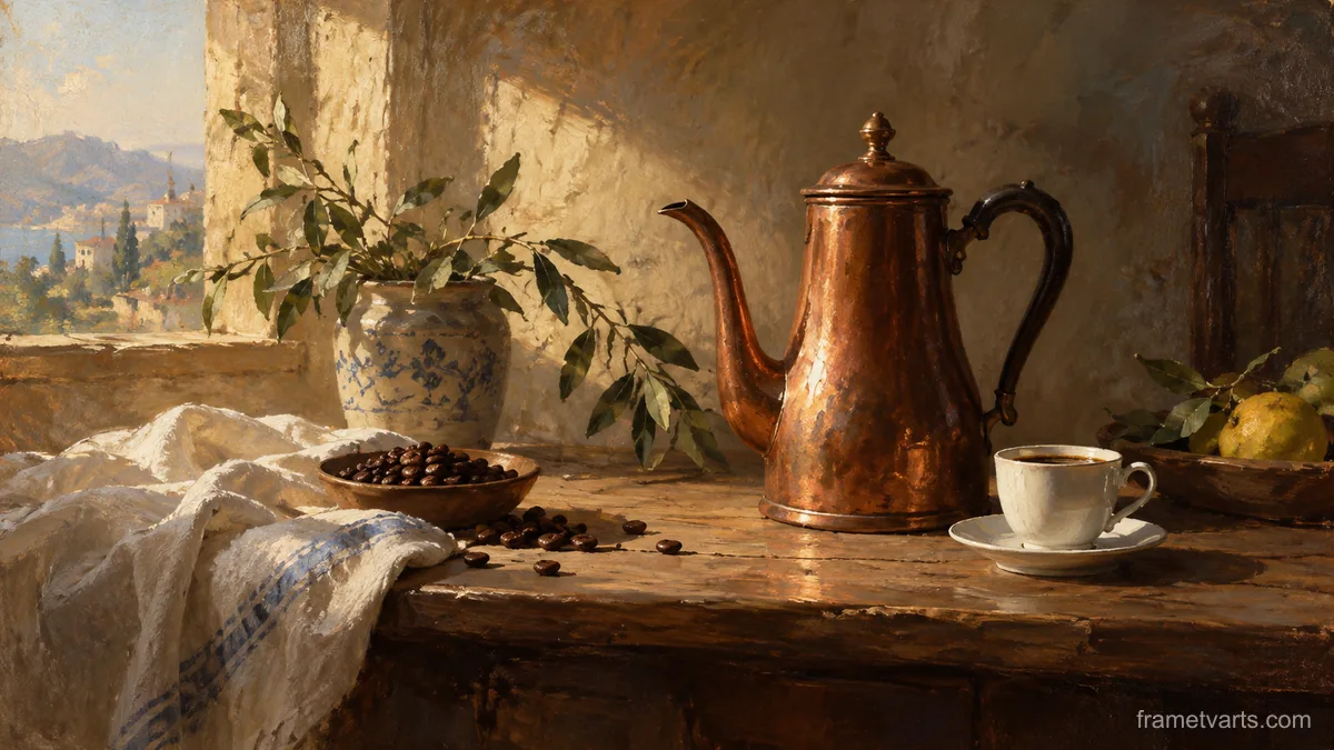 Coffee pot and a small plain porcelain cup – classical oil still life Samsung Frame TV art, 4K
