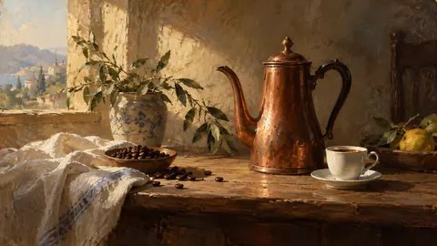 Coffee pot and a small plain porcelain cup – classical oil still life Frame TV art