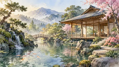 Japanese-inspired wooden garden pavilion – architectural watercolor Frame TV art