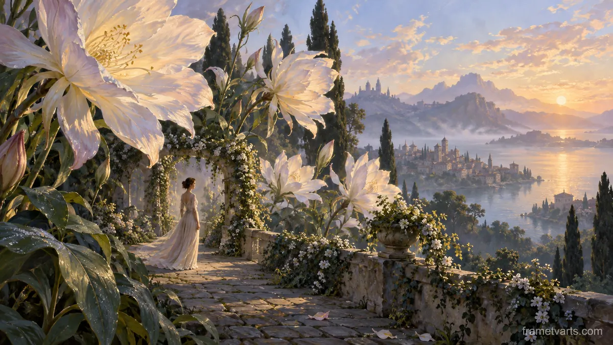 Garden of oversized delicate night flowers – magical realist oil painting Samsung Frame TV art, 4K