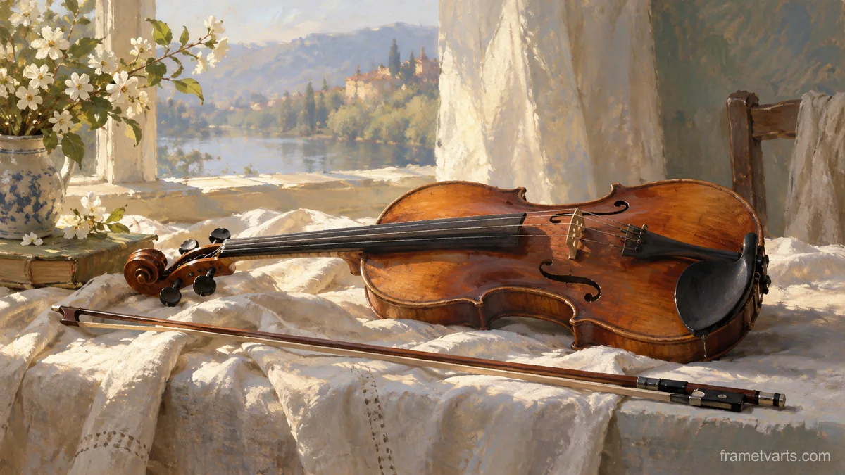Violin and bow on folded linen – expressive figurative painting Samsung Frame TV art, 4K