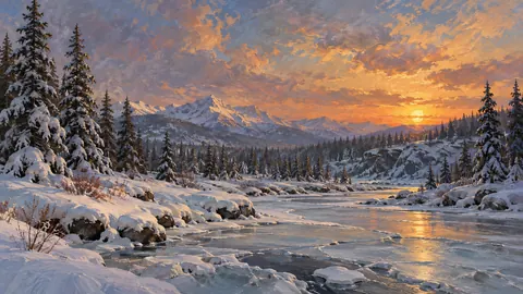 Snow-laden pine forest beside frozen creek – tonal oil painting Frame TV art