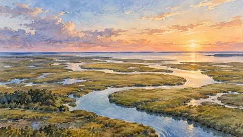 Salt marsh channels seen from above – coastal watercolor Frame TV art