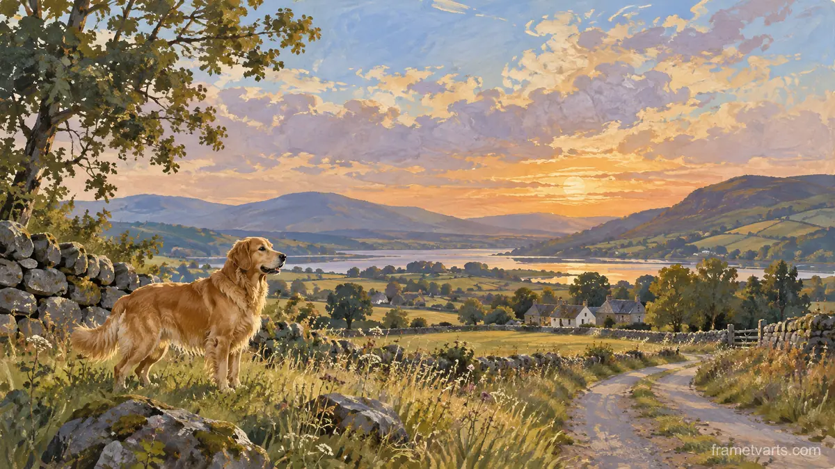 Golden dog beside a quiet country lane – naturalist gouache Samsung Frame TV art, 4K