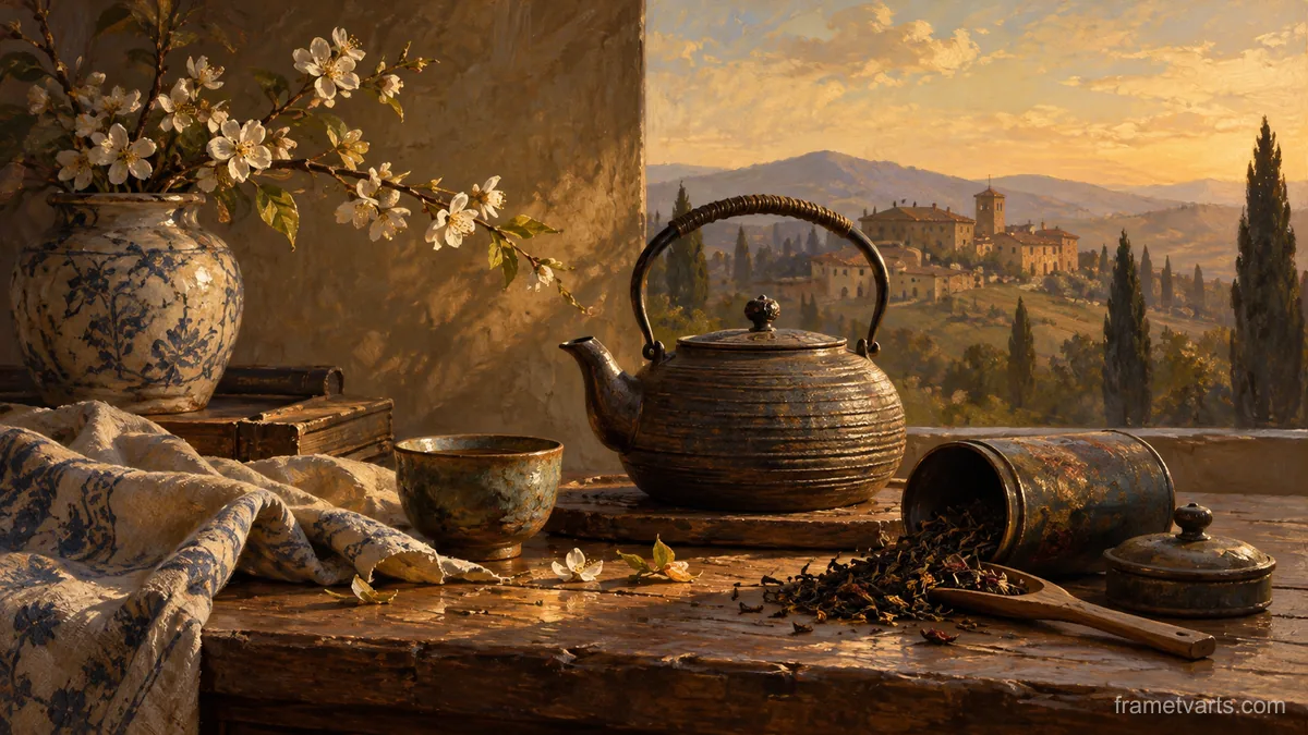 Teapot and loose tea leaves – classical oil still life Samsung Frame TV art, 4K