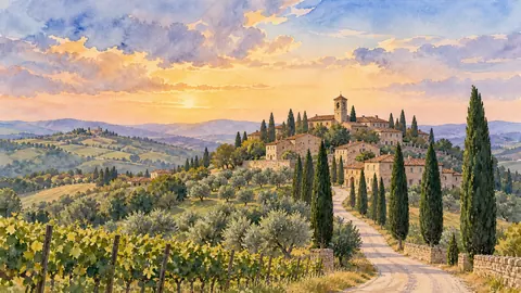 Tuscan-inspired hill village and cypress avenue – architectural watercolor Frame TV art